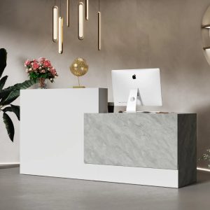 Meja Front Desk Penerima Tamu Minimalis Modern Putih Abu