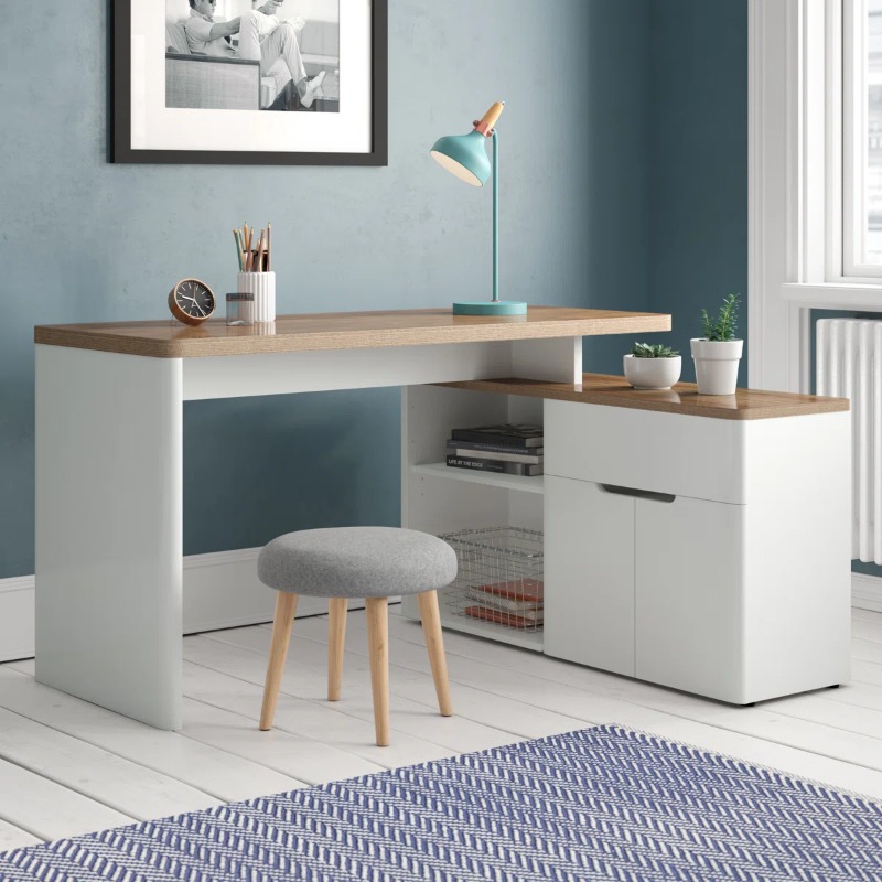 Meja Kantor L Minimalis Calviera Putih Modern dengan Cabinet Multifungsi