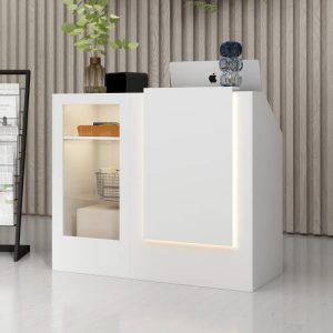 Meja Kasir Minimalis Modern Mewah Lampu LED Front Desk L-Shaped 120cm
