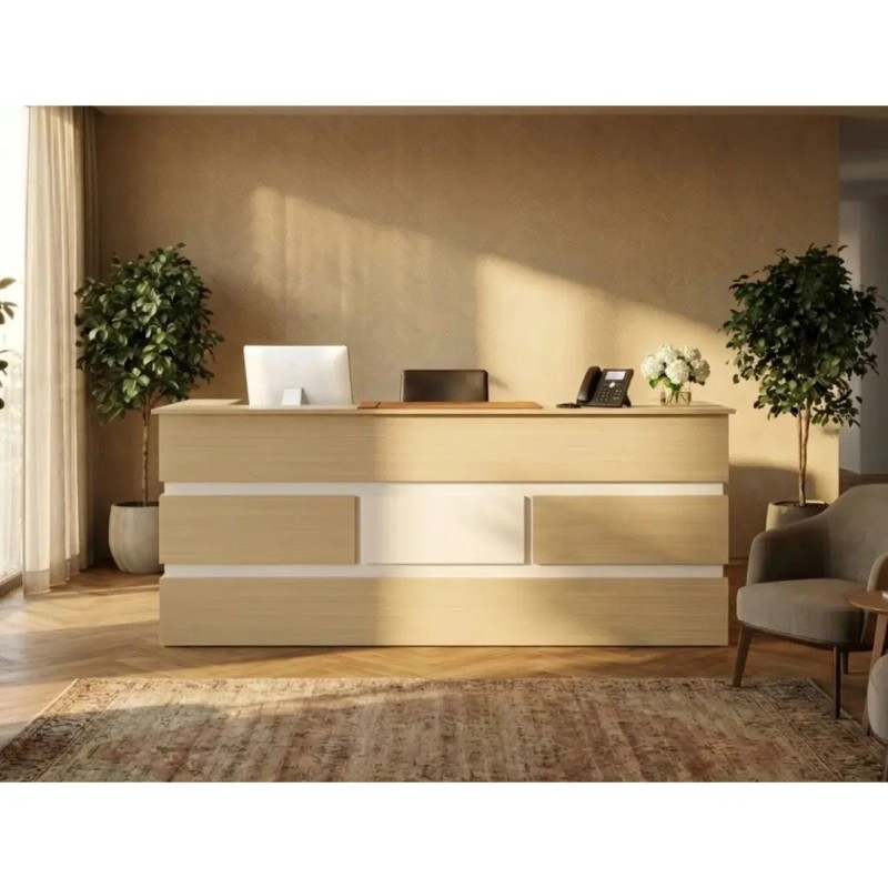 Meja Front Desk Lobby Mewah Putih Kayu Natural Elegan