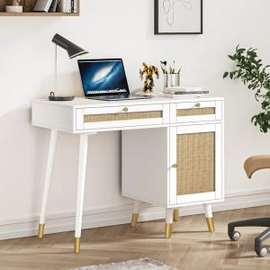 Meja Kerja Laptop & Belajar Modern Minimalis Rotan Warna Putih