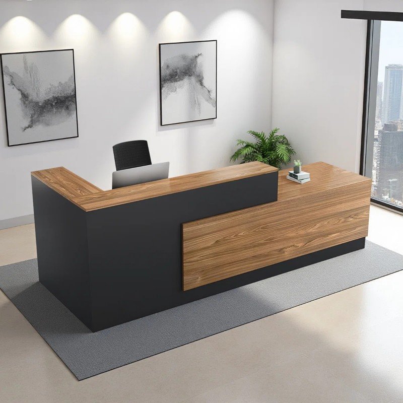 Meja Resepsionis Kantor L-Shape Premium Meja Kasir Kayu Lobi Hotel Korporat Mewah (1)