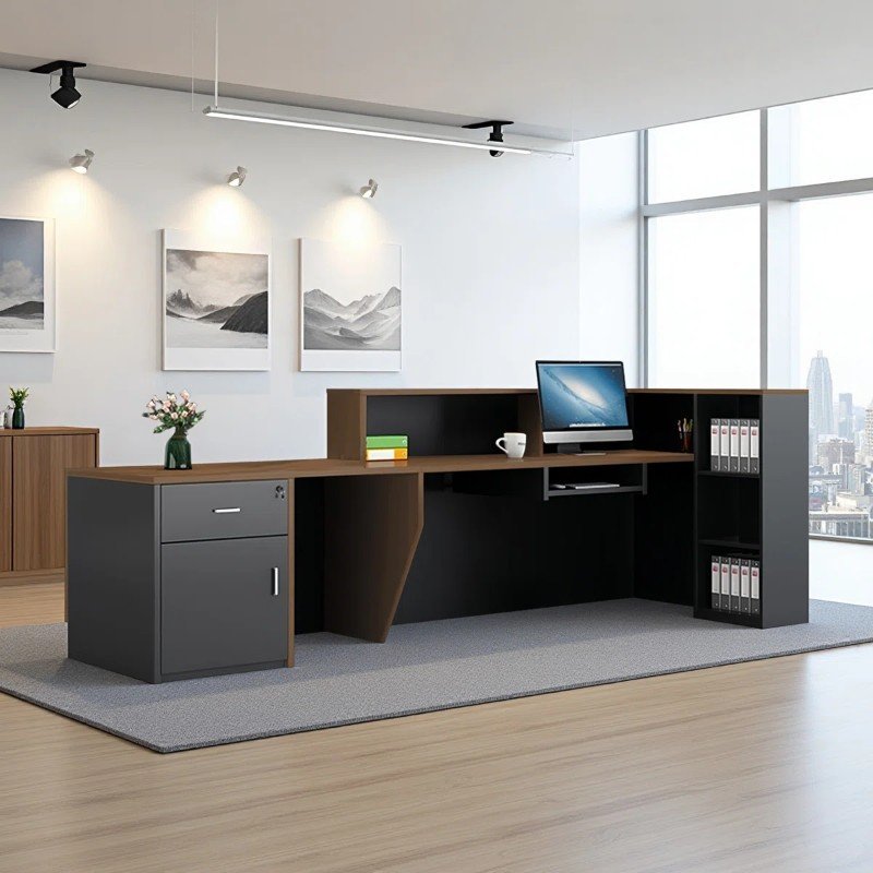 Meja Resepsionis Kantor L-Shape Premium Meja Kasir Kayu Lobi Hotel Korporat Mewah (2)