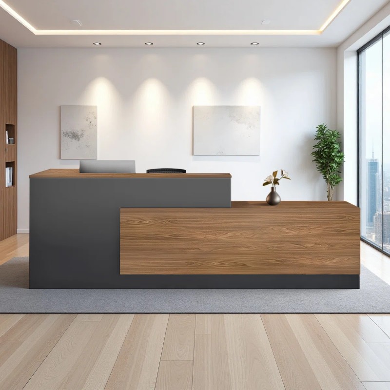 Meja Resepsionis Kantor L-Shape Premium Meja Kasir Kayu Lobi Hotel Korporat Mewah