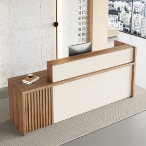 Meja Reception Desk Natural HPL Kayu Minimalis untuk Kantor Klinik dan Area Pelayanan