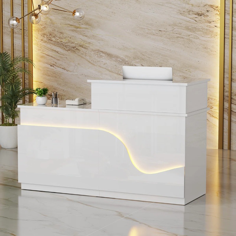 Meja Resepsionis LED Putih Glossy Modern untuk Front Desk Kantor dan Klinik