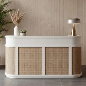 Meja Resepsionis Rotan Scandinavian Curved Counter Elegan